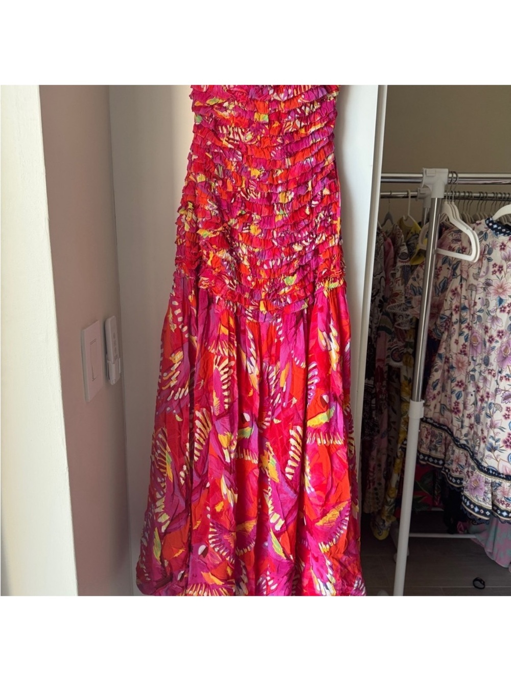 Farm Rio - NWT- Orange Flying Birds Strapless Smocked Maxi Dress - Picture 14 of 15